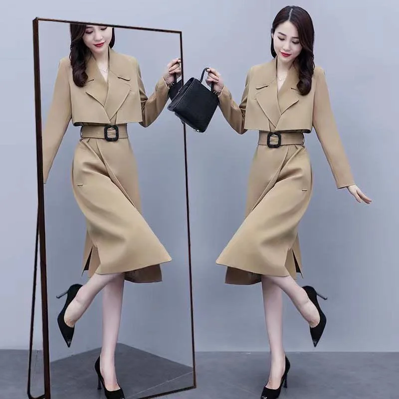 Женский модный костюм осень 2021 новое платье на бретельках топ куртка пальто