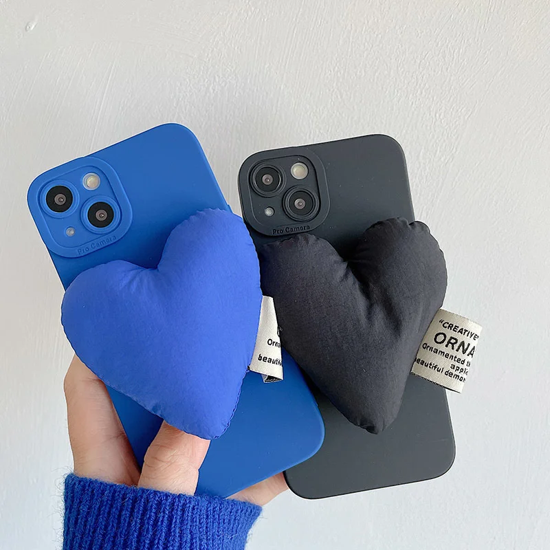 

Cute 3D Down Jacket Love Heart Bracket Lattice Phone Case For iPhone 13 12 11 Pro XS Max X XR 7 8 Plus Silicone Soft Back Cover