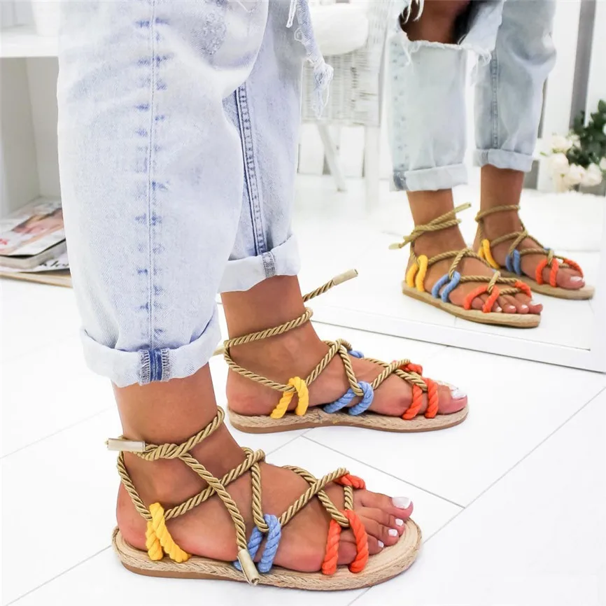 

Sandals Rome Beach Style Women Slippers Hemp Rope Flat Lace Beach Slippers Open Toe Sandals Women Shoes Low Heels 28#4