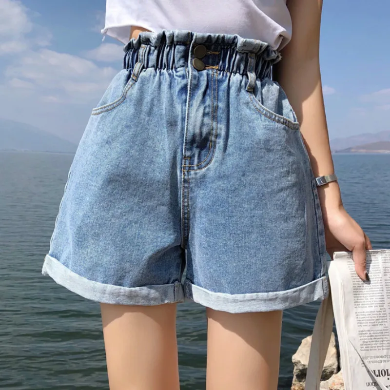 

Plus Size Summer Black Women's Denim Shorts Large Size 5Xl Harem Ruffle White High Waisted Shorts Elastic Waist Jeans for Women