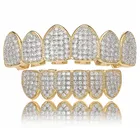 Льдом решетки с блестками в стиле хип-хоп ЗУБЫ грили шапки кубического циркония Зубы вампира верхней и нижней части зубные насадки рок ювелирные изделия