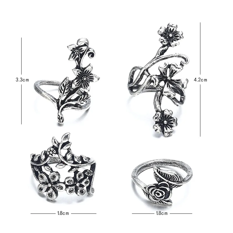 European and American pop fashion personality Ancient silver hollow carved flowers 4 rings set set men and women hand jewelry