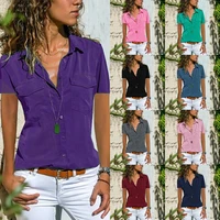 2021 summer fashion polo shirt women new casual short sleeve pockets straight solid tops female open plackets polo shirt