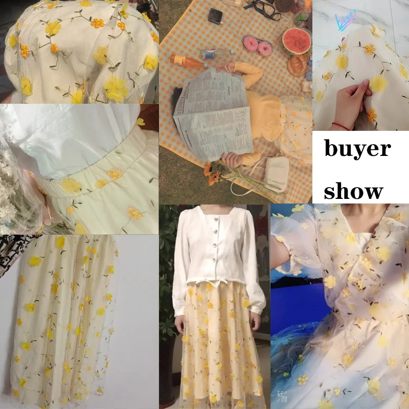 Yellow 3D Flower Lace Skrit Women High Waist Mesh Long Skrit Female elegant Midi tulle skirt Sweet Cute Student School Wear saia images - 6