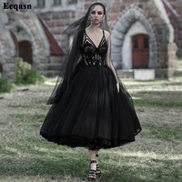 eeqasn black tulle lace midi prom party dresses a line v neck spaghetti strap evening dress bones tea length formal party gowns