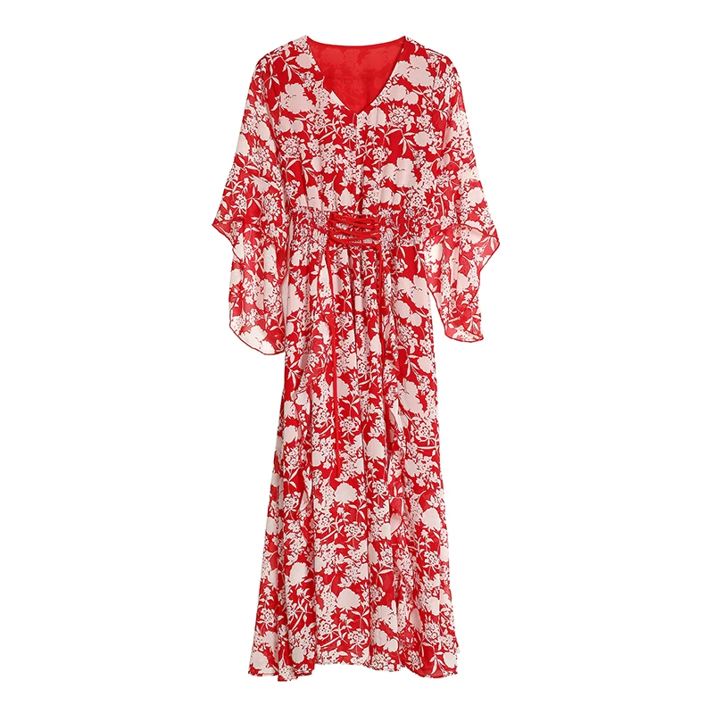

COIGARSAM Cute Ruffles Women Long dress New Summer Chiffon Floral Print High Waist Dresses Red 9058