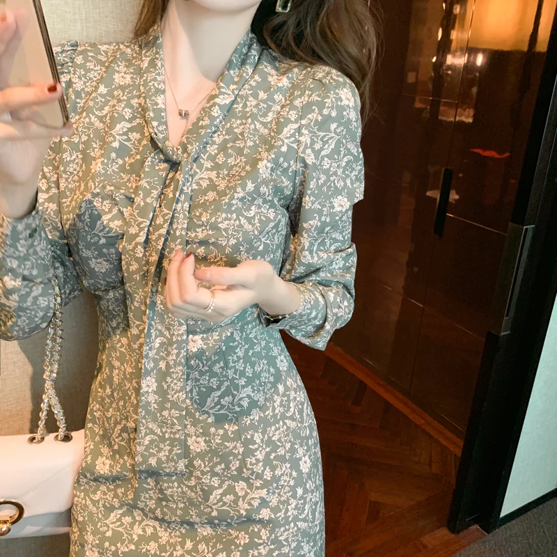 

Dress Women's Clothing 2021 Spring French Retro Dress Waist Slimming Chiffon Floral Elegant Slim Fit Skirt Fashion Women Fairy