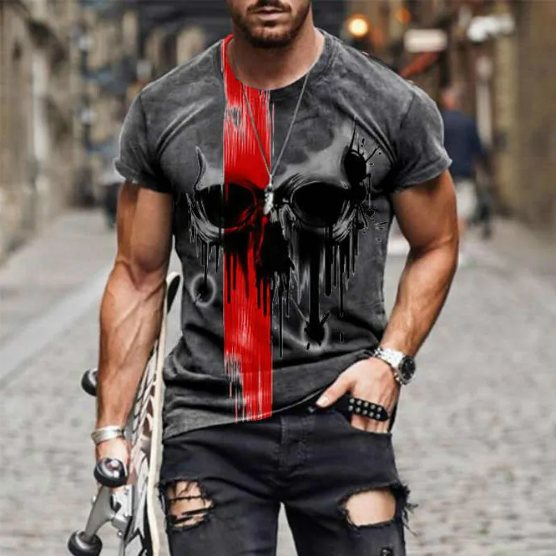 

2021 Summer New Skull Print Men's T-shirt Casual Loose Short Sleeve Clothes Streetwear Hip Hop 3D Digital Printed Top