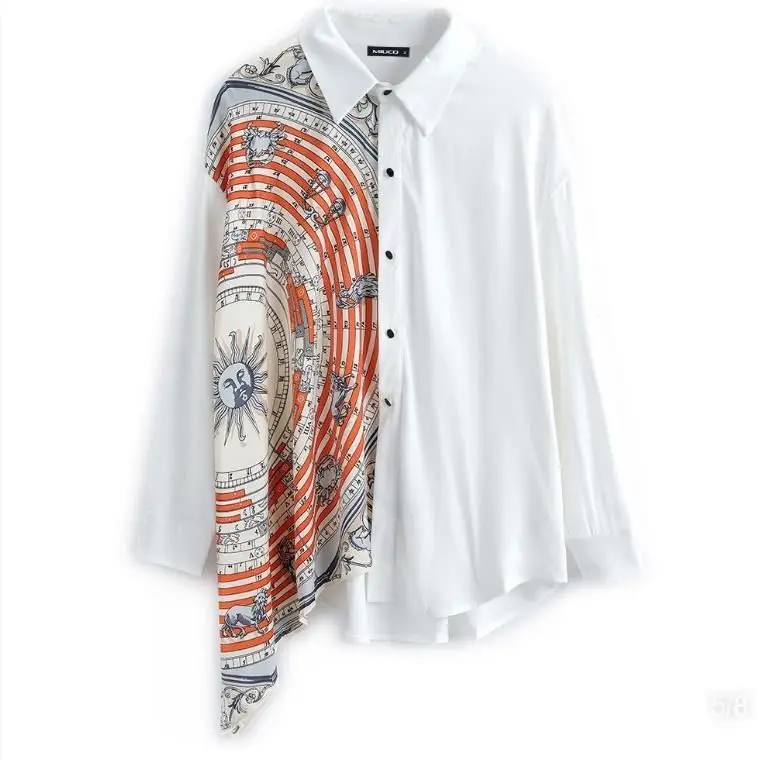 

2021 spring and Autumn New Retro printed scarves personalized splicing Lapel casual versatile shirt