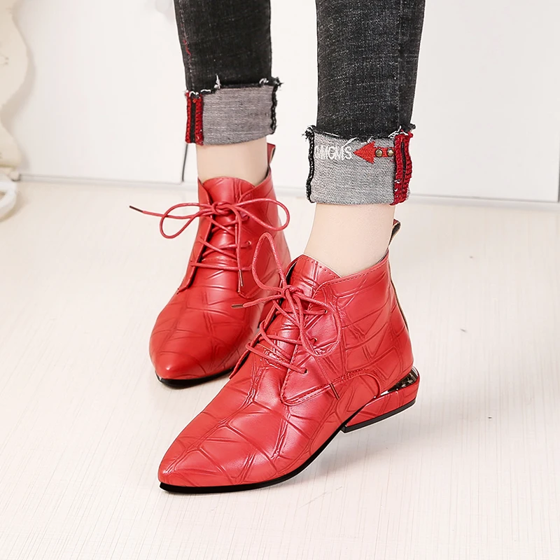 

Women Boots Casual Leather Low High Heels Spring Shoes Woman Pointed Toe Rubber Ankle Boots Black Red Zapatos Mujer