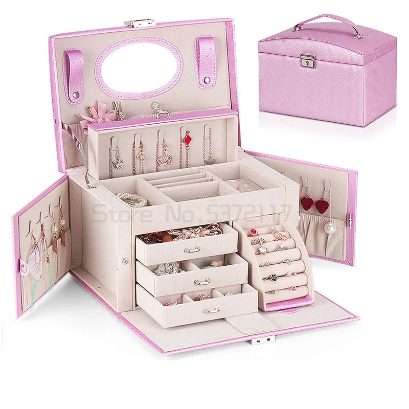 

Hot Sale Jewelry Box PU Leather Jewelry Storage Box Casket Multi-layer Women Jewelry Container Storage Case With Mirror Quality