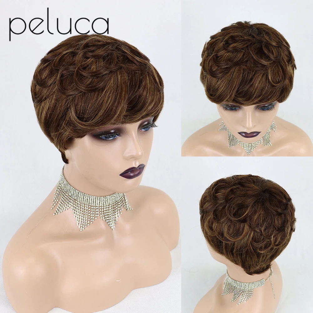 

Pixie Cut Wig Full Machine Made Wig with Bangs Glueless Short Wigs for Black Women 150% Density Remy Brazilian Hair