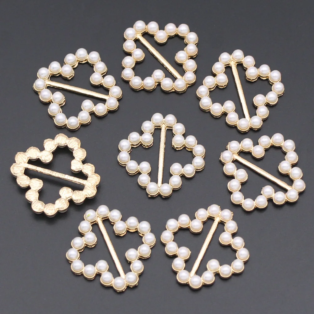 10Pcs Round/Heart/Square/Oval Pearl Buckle Invitation Card Decoration Gold Base Metal Buckles For Ribbon DIY Jewelry Accessories | Дом и сад
