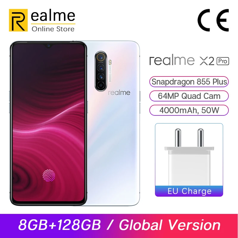 Мобильный телефон realme X2 Pro X 2 Pro Snapdragon 855 Plus с глобальной версией, 8 ГБ, 128 ГБ, 6,5 дюйма, 64 мп, четыре камеры, 90 Гц, дисплей NFC, 50 Вт, VOOC