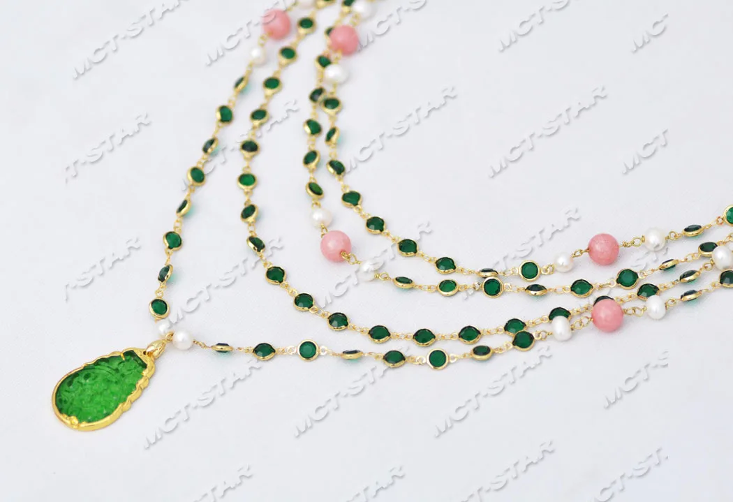 

Z11754 4Row 26'' White Pearl Green red Crystal Chain Necklace Green Jade Pendant Handmade Vintage Party Style Women Jewelry