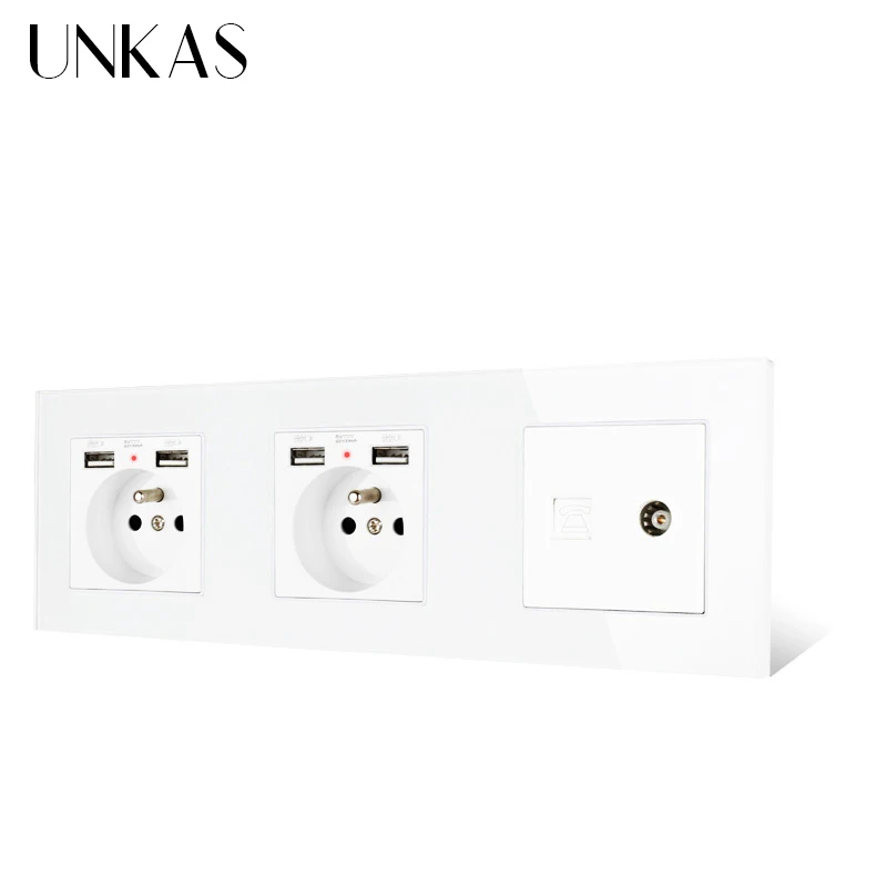 Двойная французская стандартная розетка со стеклянной панелью UNKAS с 4 USB портами