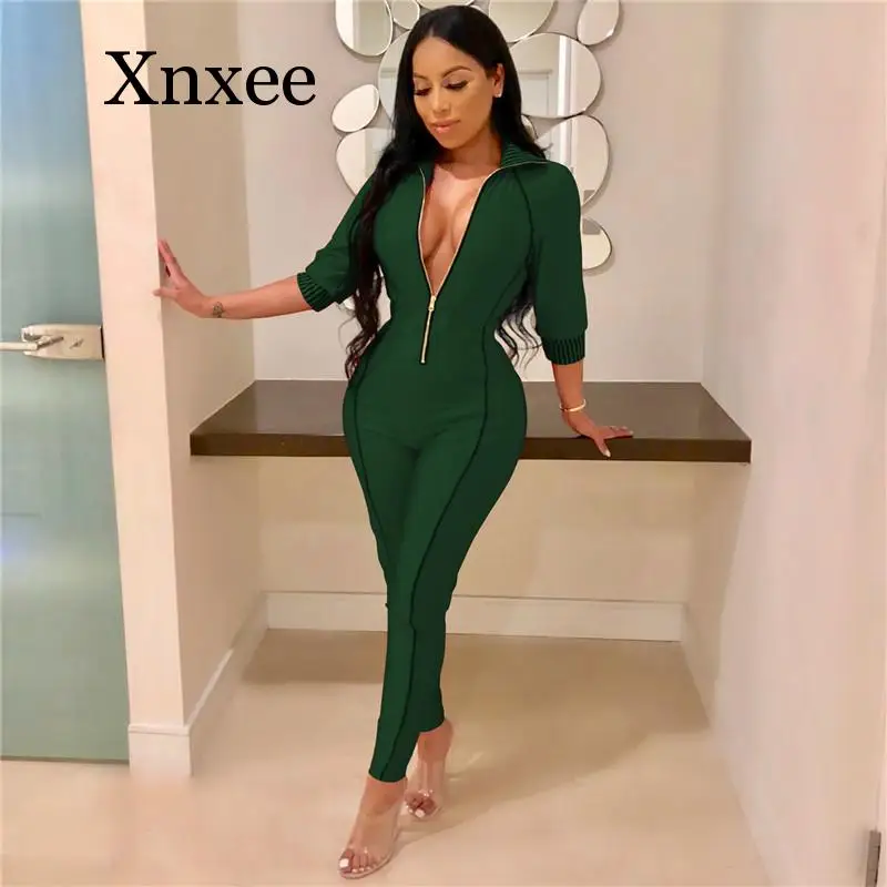 Autumn Sexy Solid Front Zippers Jumpsuit Three Quarter Sleeve Ladies Night Club Party Overalls Outfits Deep V Vintage Elegent | Женская