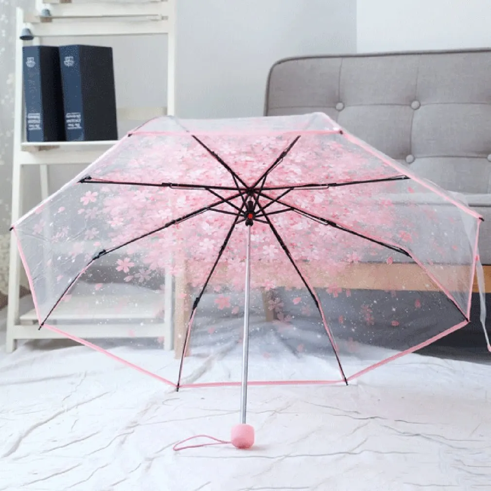 

Compact Folding Cherry Umbrella Transparent Clear Umbrella Three Folding 8 Rib Windproof Umbrellas Women Rain Umbrella