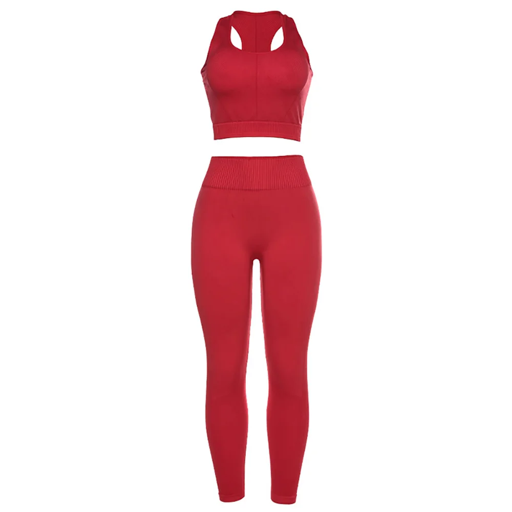 

Seamless Workout 2 Piece Set Sleeveless Red Top Shirt + Long Pants Women 2020 Autumn Winter Fitness Sporty Streetwear Skinny Set