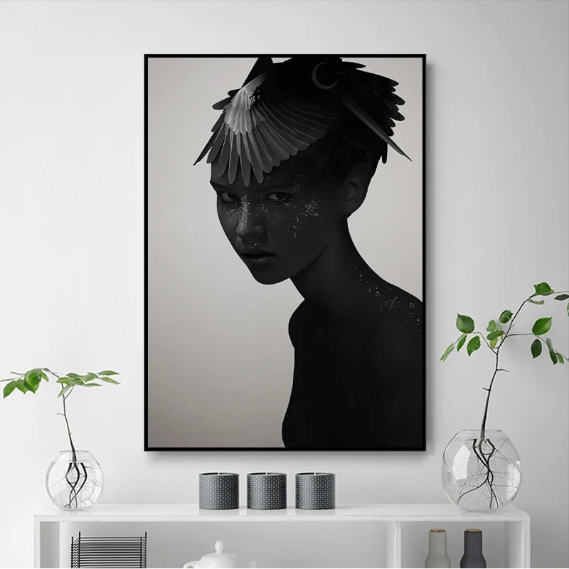 Печатная картина настенный плакат черно белый портрет Сексуальная Девушка перо