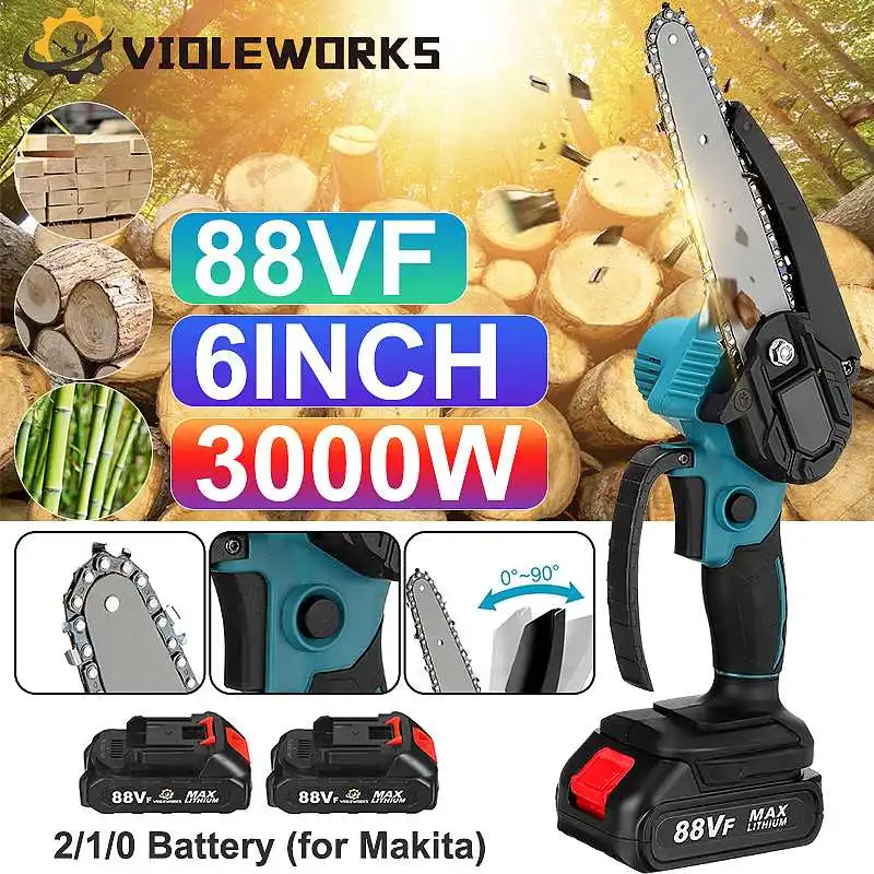 

6 Inch Mini Electric Chain Saw 3000W 88V With 2PC Battery One-handed Woodworking Cutter Tool For Makita Battery 18V EU Plug