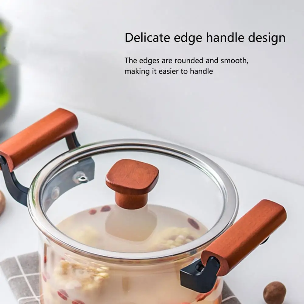 Transparent Double Wooden Handle Glass Cooking Pot For Household Use Transparent Binaural Glass Pot With Glass Lid