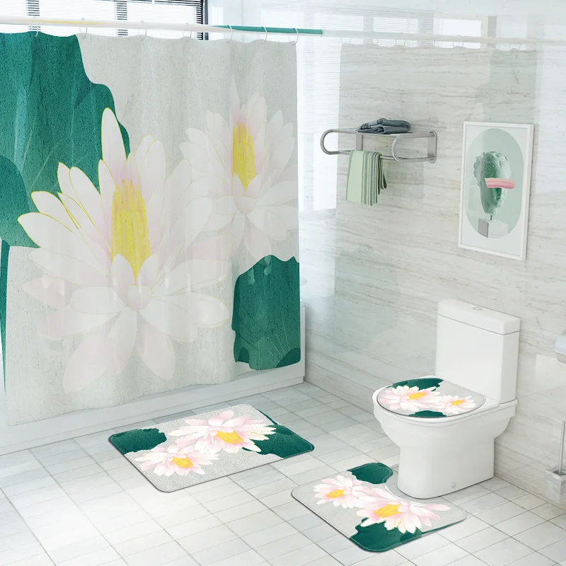 Creative and Colorful Flowers Print Bathroom Curtain Set with Shower Rugs Anti Slip Pedestal Toilet Cover Mat Carpet | Дом и сад