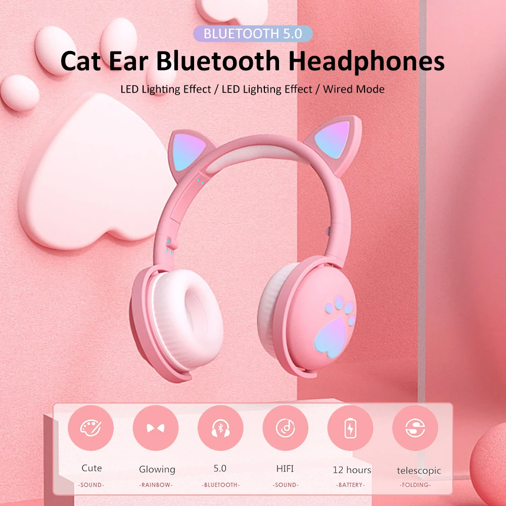 

Беспроводные Bluetooth-наушники с милыми кошачьими ушками, складные, с микрофоном, светодиодной подсветкой, для девочек