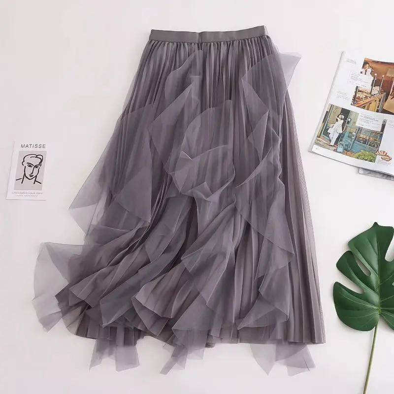 

Autumn Spring Khaki Black Apricot Dark Gray Tulle Pleated Skirt Women Calf Length Falbala Mesh Skirts With Accordion Pleats Wear