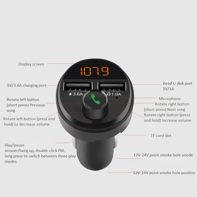 

Bluetooth 5.0 FM Transmitter Wireless Handsfree Car Kit o Car MP3 Player 5V 3.6A Dual USB Fast Charger Adapter