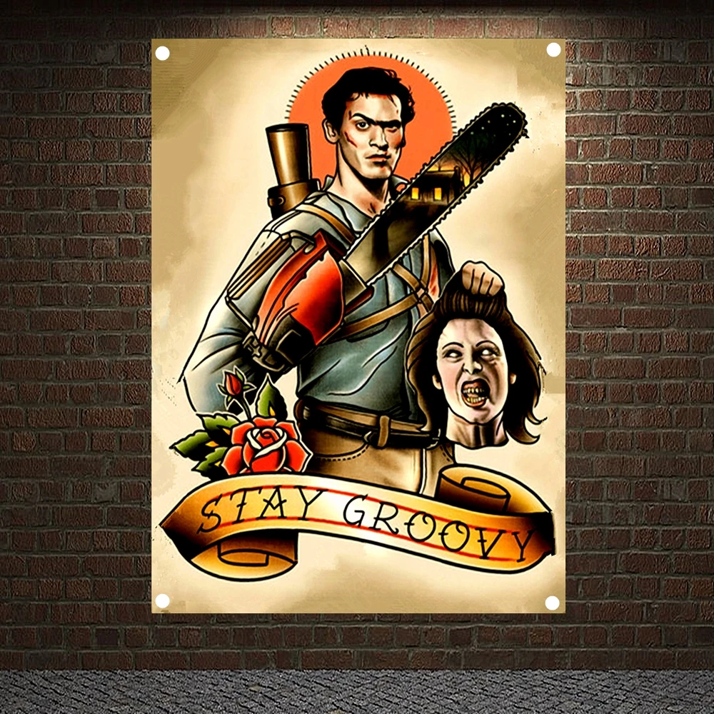 

STAY GROOVY Tattoo Banners Vintage Canvas Painting Wall Art Print Posters Home Decor Mural Hanging Flag 4 Gromments in Corners