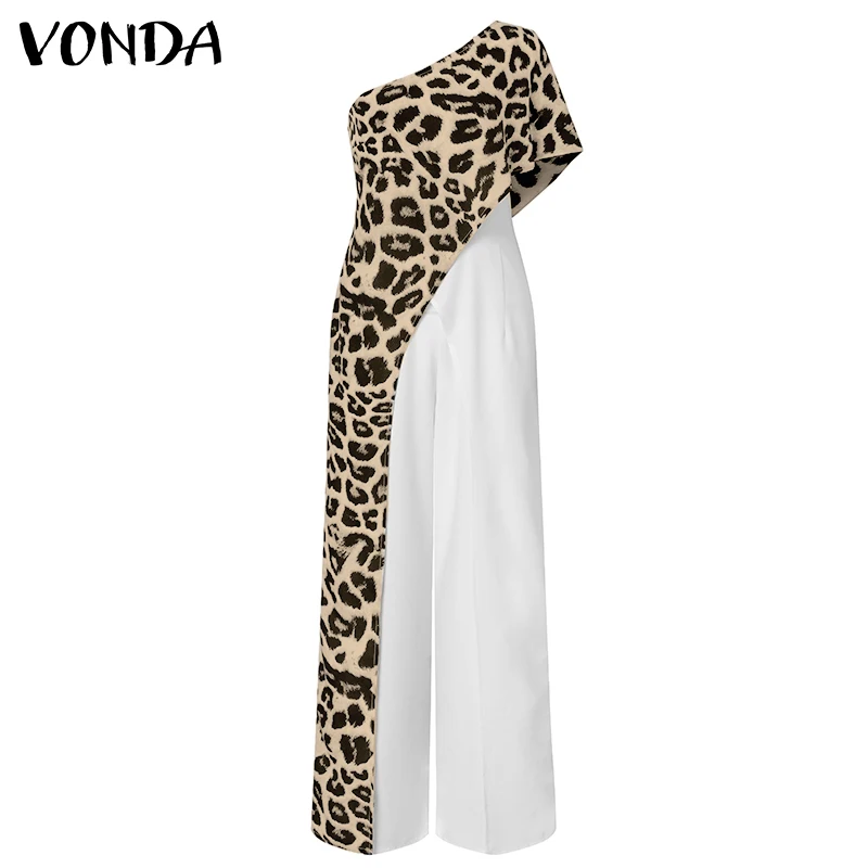 

Summer Jumpsuits Vintage Leopard Print Patchwork Pants VONDA Women Casual Short Sleeve One Shoulder Pantalones Femme