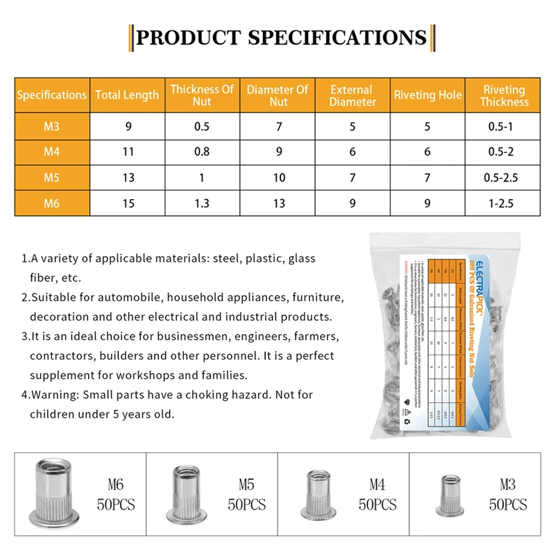ELECTRAPICK 200 шт. Заклепка гайка Нержавеющая сталь M3/M4/M5/M6 с плоской головкой заклепки