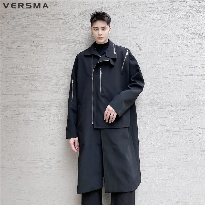 VERSMA Hip Hop Oversize Long Trench Coat Men Overcoat Korean Style Punk Rock Zipper Patchwork Windbreaker Men Coats Dropshipping