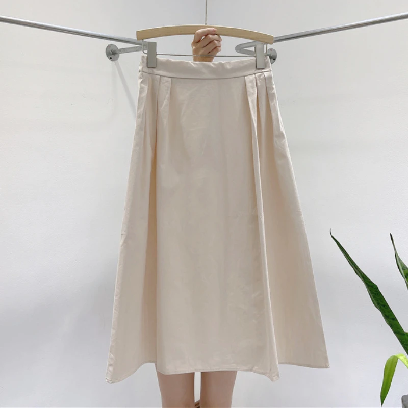 Autumn Preppy Pleated Long Cotton Skirts Mustard Temperament A-line Calf Length | Женская одежда