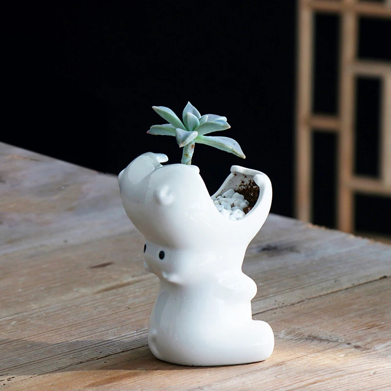 

White Ceramic Hippo Planter Decorative Flower Pot Multifunctional Container Holder Animal Figurines Home Garden Decor