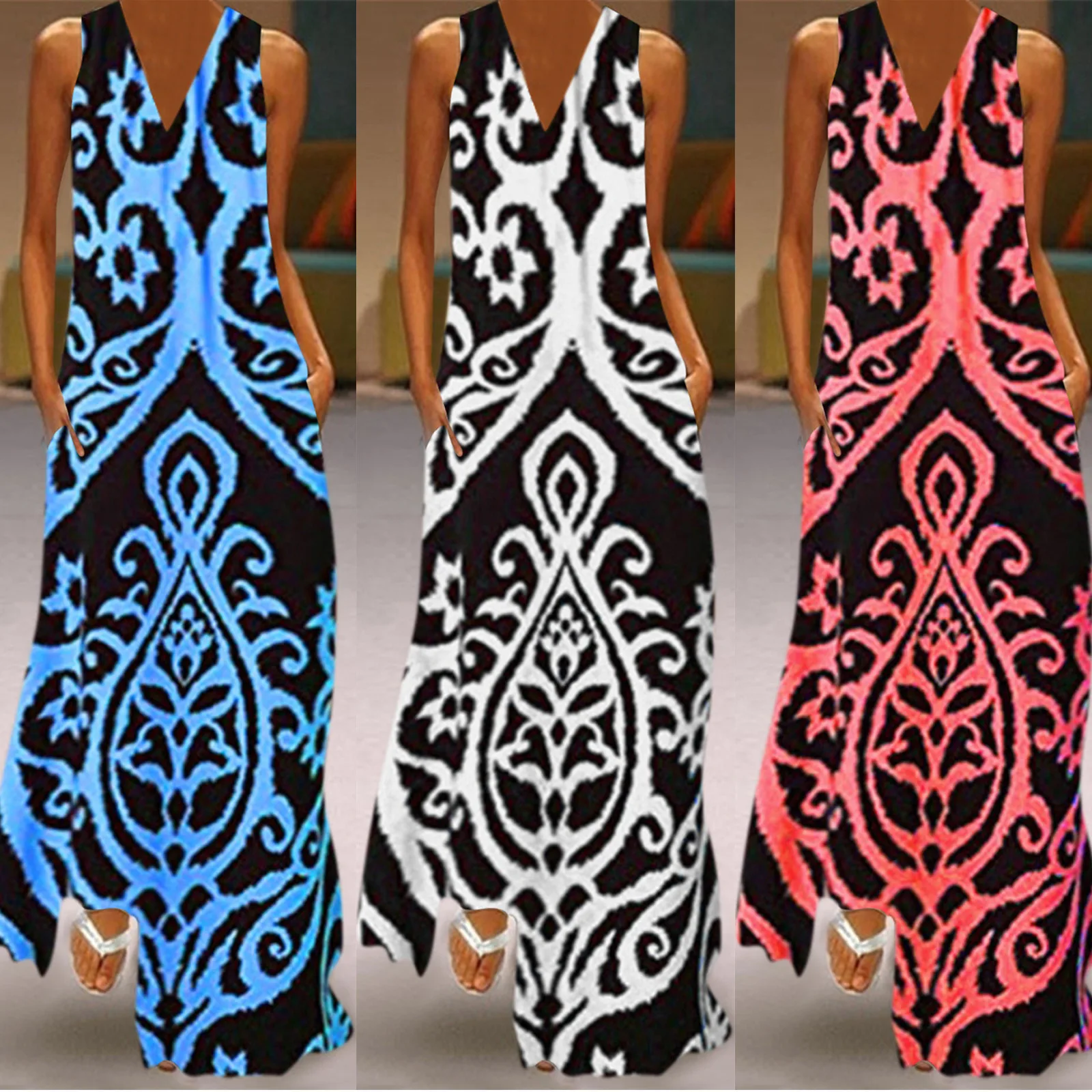 

64# Printed Leeveless Dress V-neck Pockets Maxi Dress Womens Clothing Summer Dresses Wedding Party Dress
