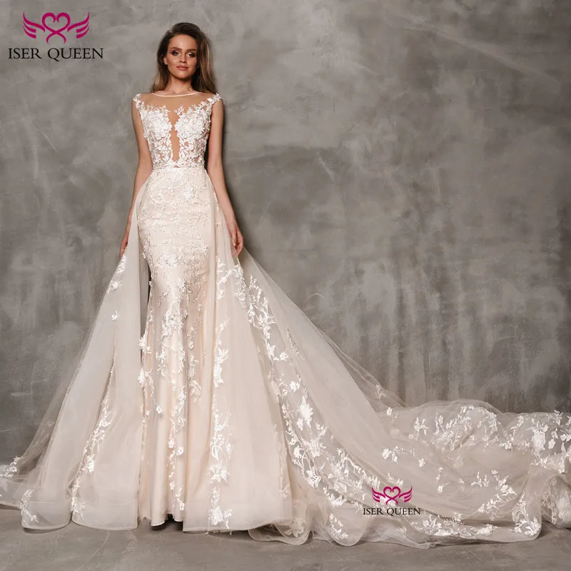 Свадебное платье с круглым вырезом без рукавов аппликацией и отсоединяемым