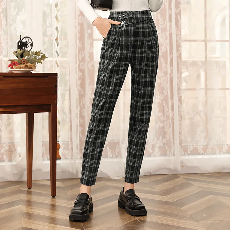 

SHZQ Plaid Pants Women's 2021 Autumn and Winter New Design Sense, Minority Harlan Pants Show Thin Leisure High Waist Pants