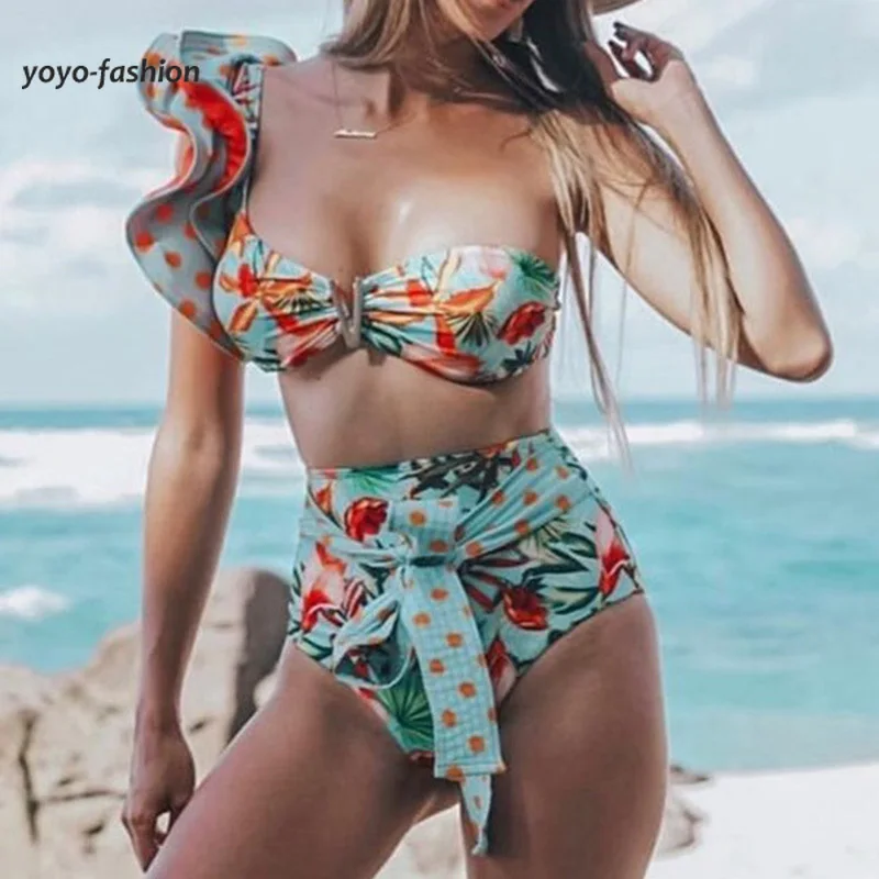 

Sexy Flower Ruffled Stripe Strap Swimsuit Bikini Women Fashion Plants Printing Camisole Two-Piece Swimsuit Bathing Suit Bikinis