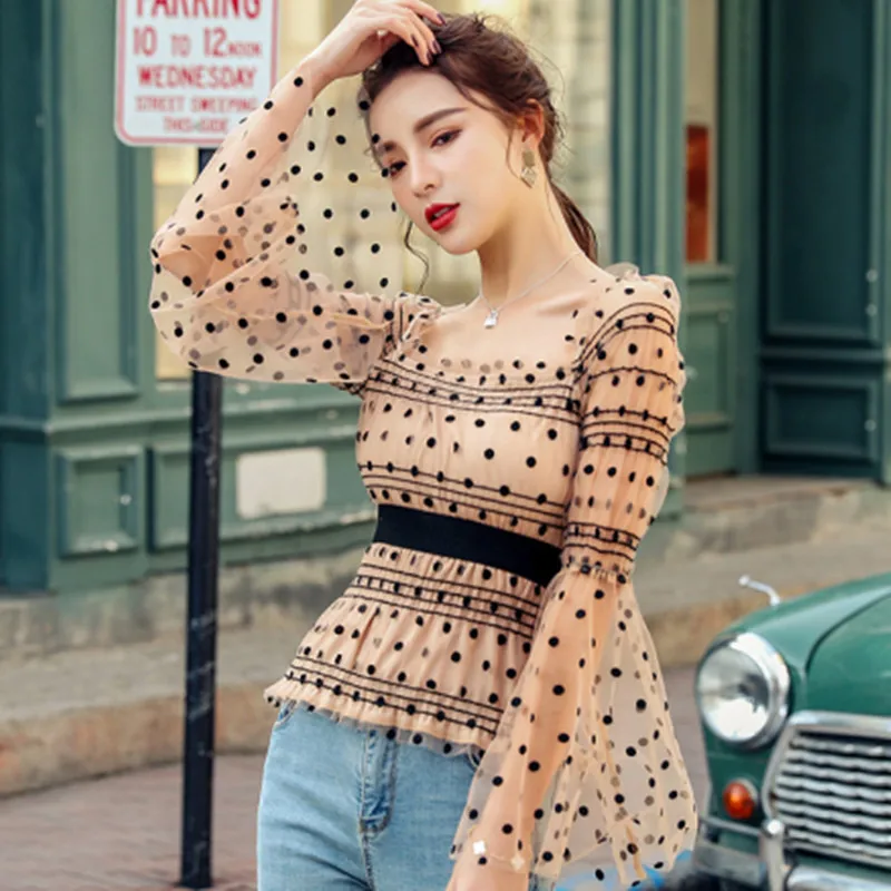 Новинка 2020 весна лето элегантная женская Кружевная блуза в горошек с вырезом