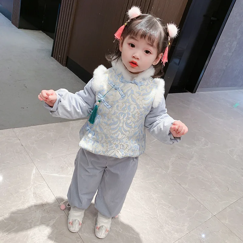 

Children's Clothing Winter New Year Greeting Clothes Baby Girl Warm Chinese Costume Ethnic Embroidery National Style Trousers