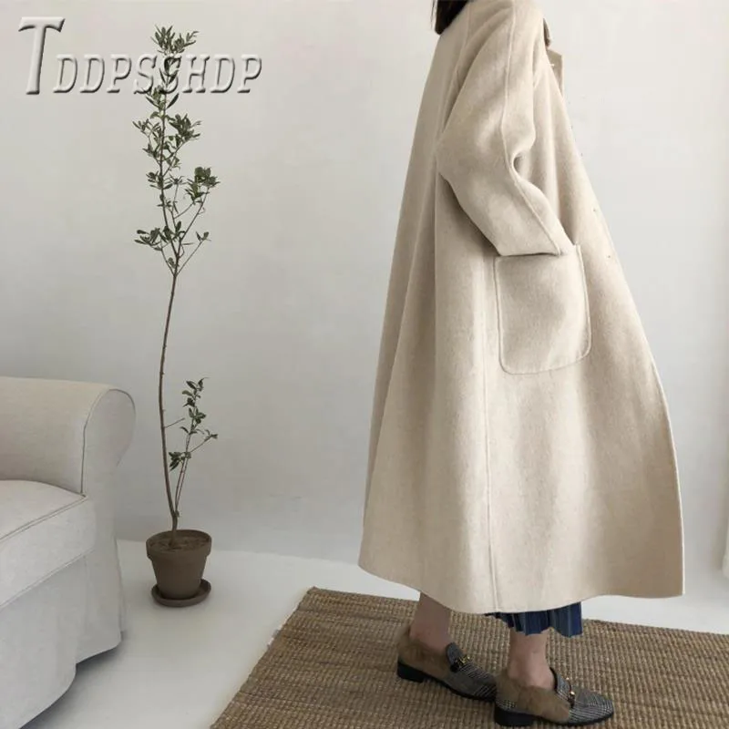 

Autumn Winter Wool Jacket X-long Single Breasted Elegant Overcoat Basic Coat Top