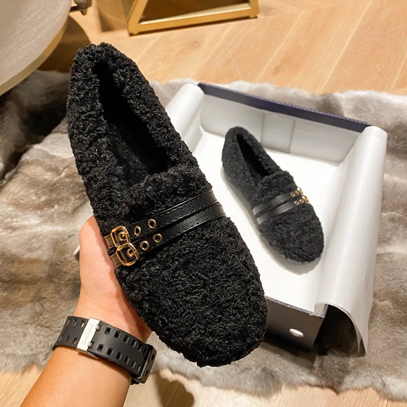 

Korean Shoes Shallow Mouth Round Toe Autumn Women Loafers Fur Casual Female Sneakers Flats 2021 Winter Fall Big Size Moccasin N