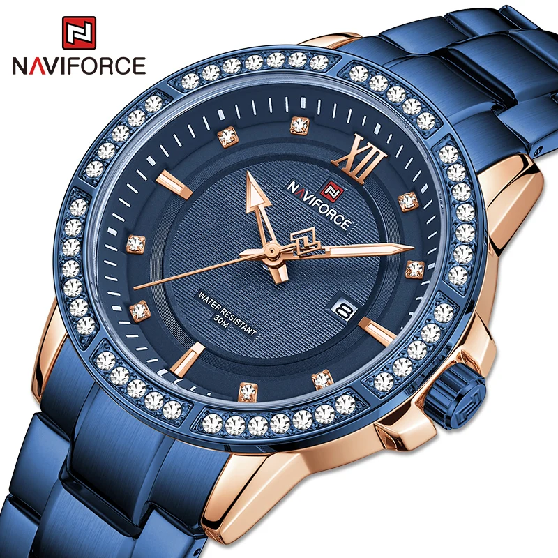 

2021 New NAVIFORCE Menâ€™s Watch With Diamonds Fashion Business Rose Gold Blue Quartz Calendar Stainless Steel Men Wrist watches