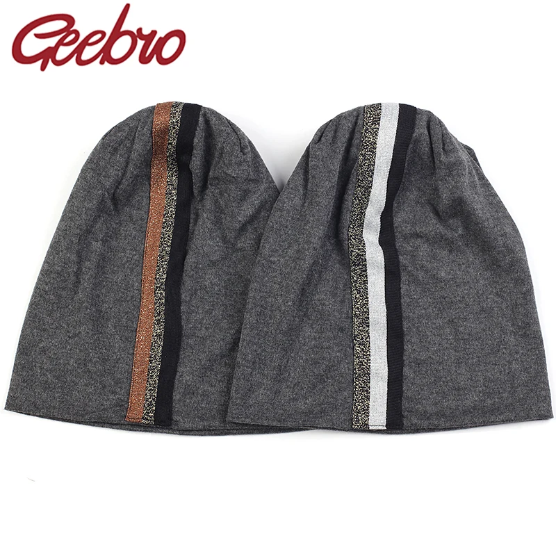 

Geebro женские модные зимние теплые хлопковые мягкие шапочки облегающие шапки с полосками Аксессуары Шапки Мужские взрослые Однотонные эласт...