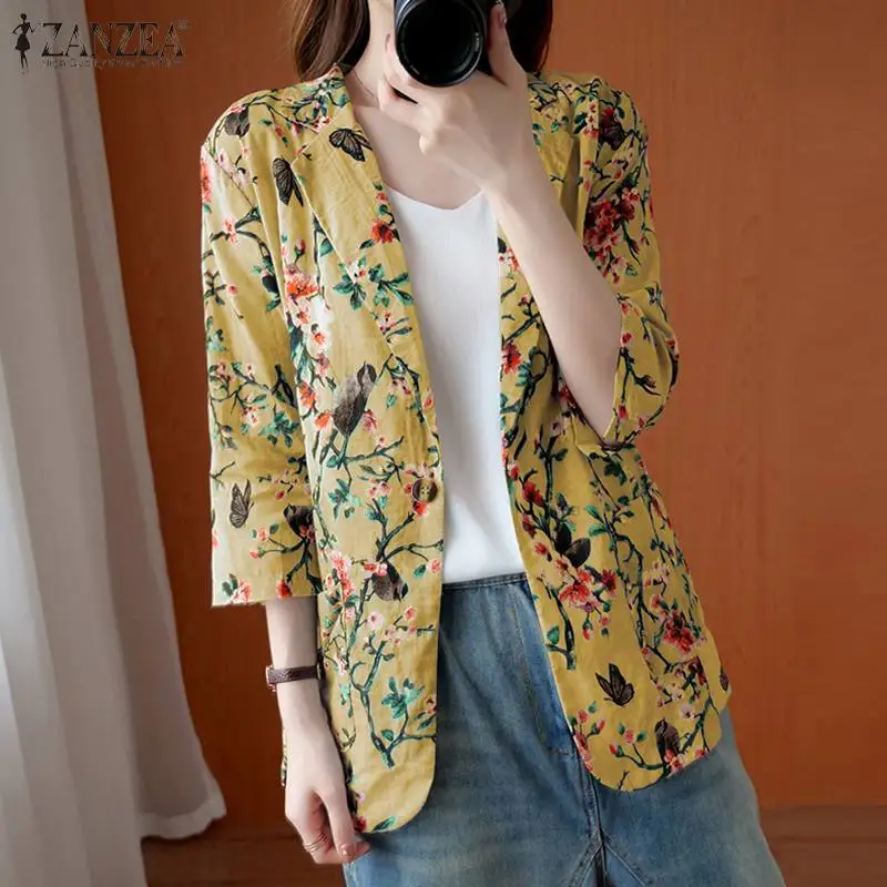 

Bohemian Floral Printed Blazer ZANZEA Stylish Autumn Blazer Women Summer Thin Coats Jackets Lapel Neck Outwear Mujer Oversized