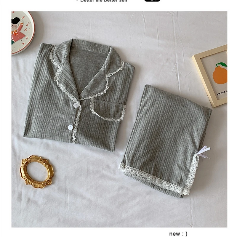 

Spring and autumn pajamas women cotton long-sleeved cardigan lace princess style South Korea 2021 new home service women