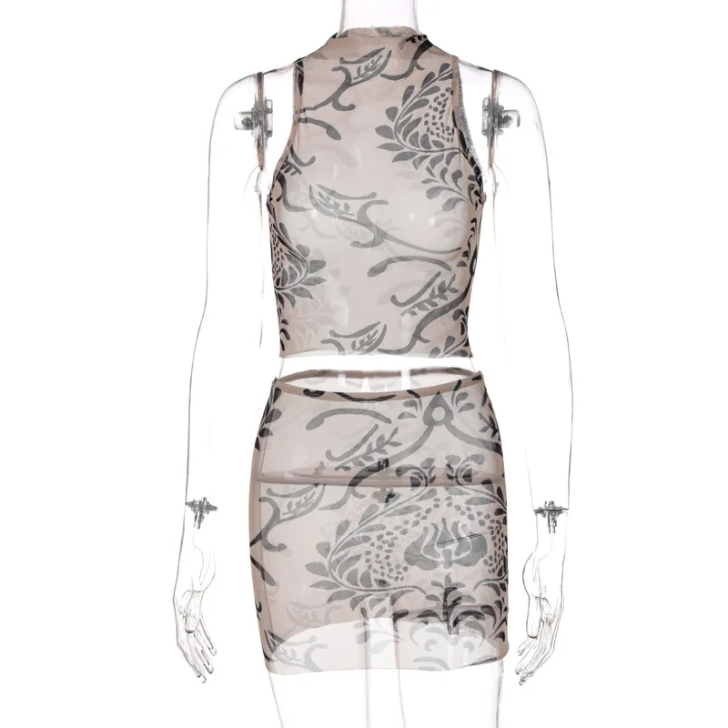 

2021 Summer New Popular Women's Fashion Screen Printing Sleeveless Slim Waistcoat Tight Buttock Skirt Suit Two Piece Set