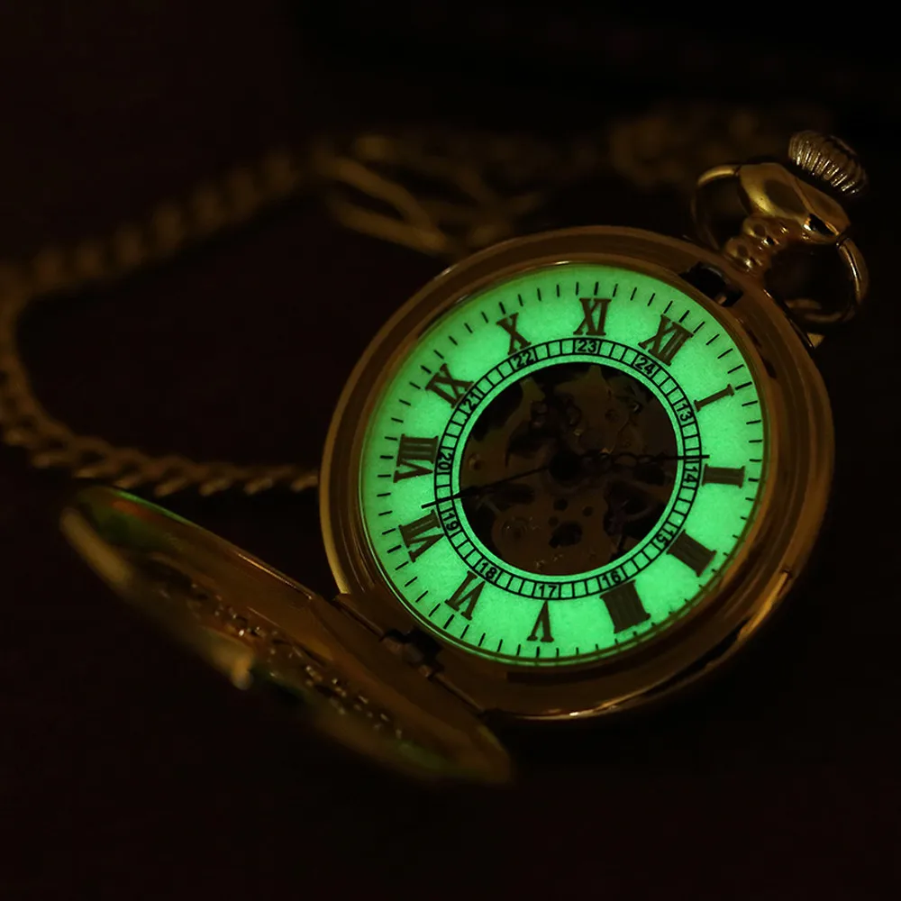 

Luxury Luminous Mechanical Pocket Watch Golden Hollow Wheel Hand-Winding Steampunk Pocket Hanging Chain Antique Watch Best Gifts
